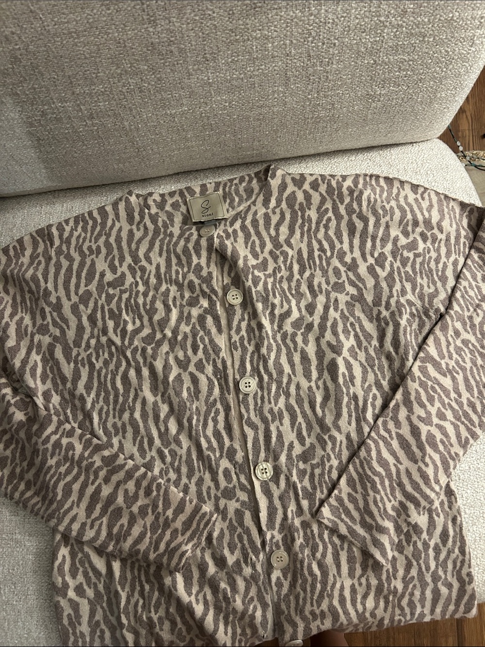 Sioni Animal Print Button-Up Cardigan in Taupe and Cream